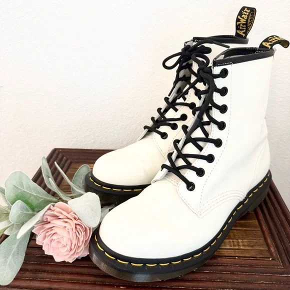 Dr. Martens White Combat Boots with Black Accents Dr Martens 11822 White Leather 8 Eye Lace Up Combat Ankle  main image 4
